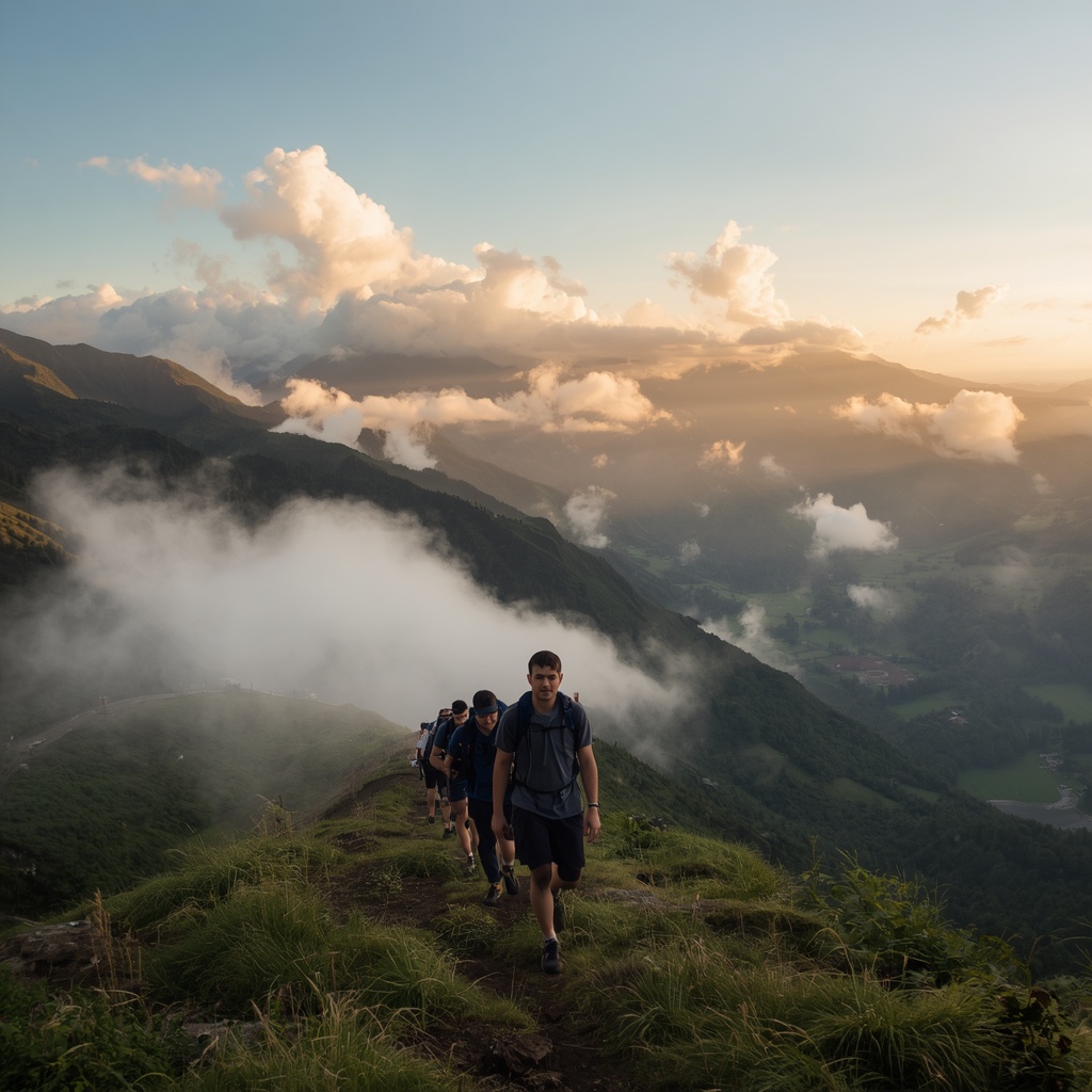 A group of male hikers trekking through a misty mountain trail at sunrise with dramatic cloud formations and lush green valleys stretching below, adventure photography, warm golden light